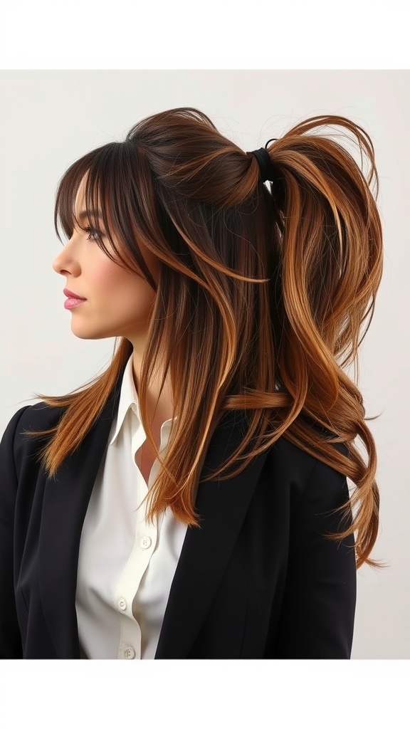 Woman with mullet hairstyle styled in a half-up ponytail, wearing a blazer and shirt.