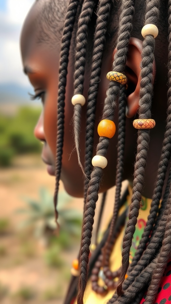 Close-up of a girl with Fulani braids adorned with colorful beads.