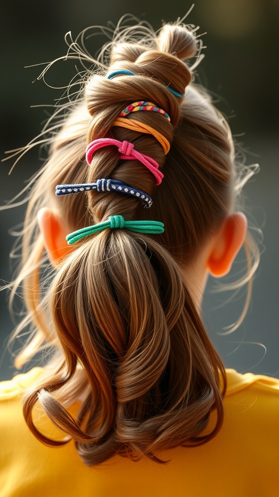 A fun bubble ponytail hairstyle with colorful hair ties, showcasing a playful and festive look.
