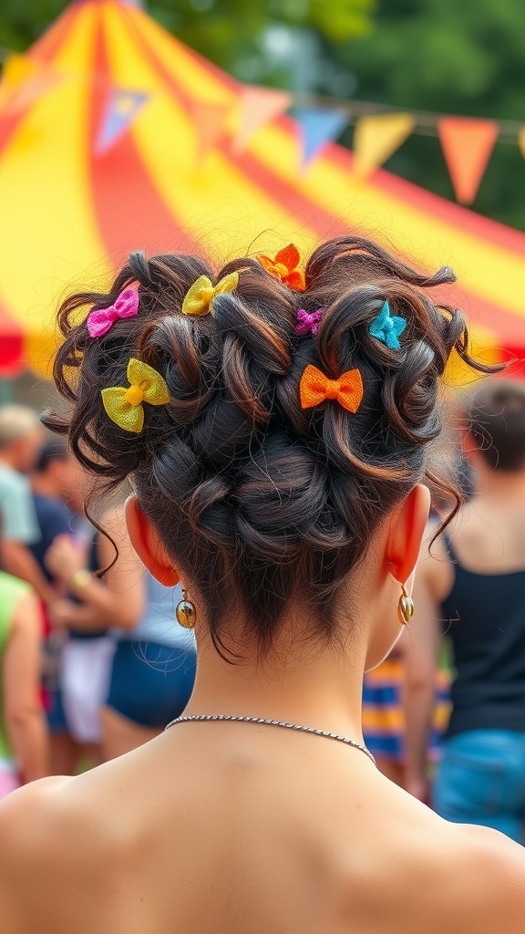 A curly updo hairstyle decorated with colorful clips, set against a lively background.