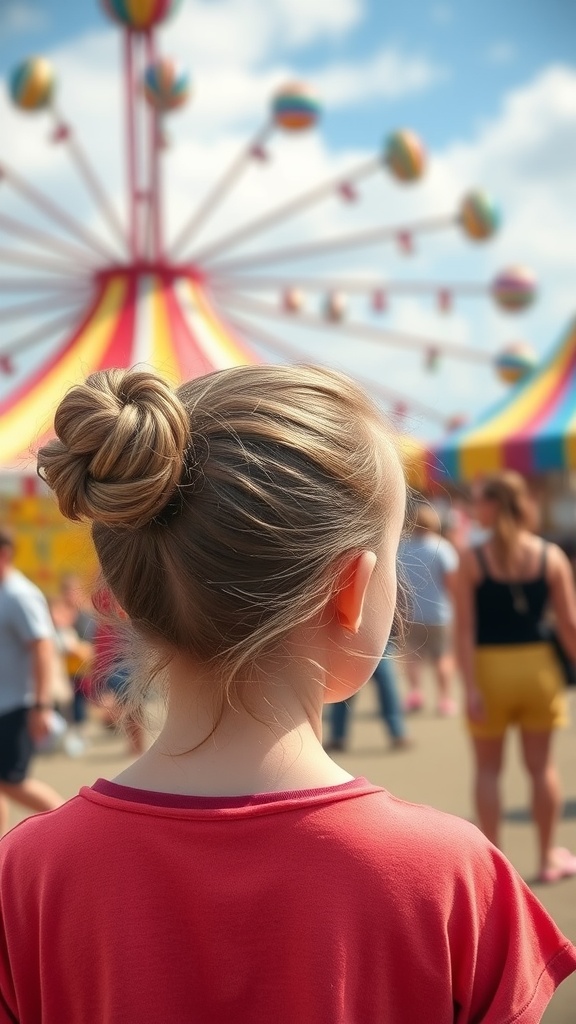 A girl with space buns hairstyle, looking at a colorful fair.