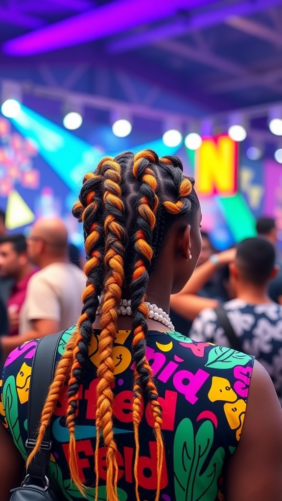 A person with funky feed-in braids in bright colors, wearing a colorful graphic top.