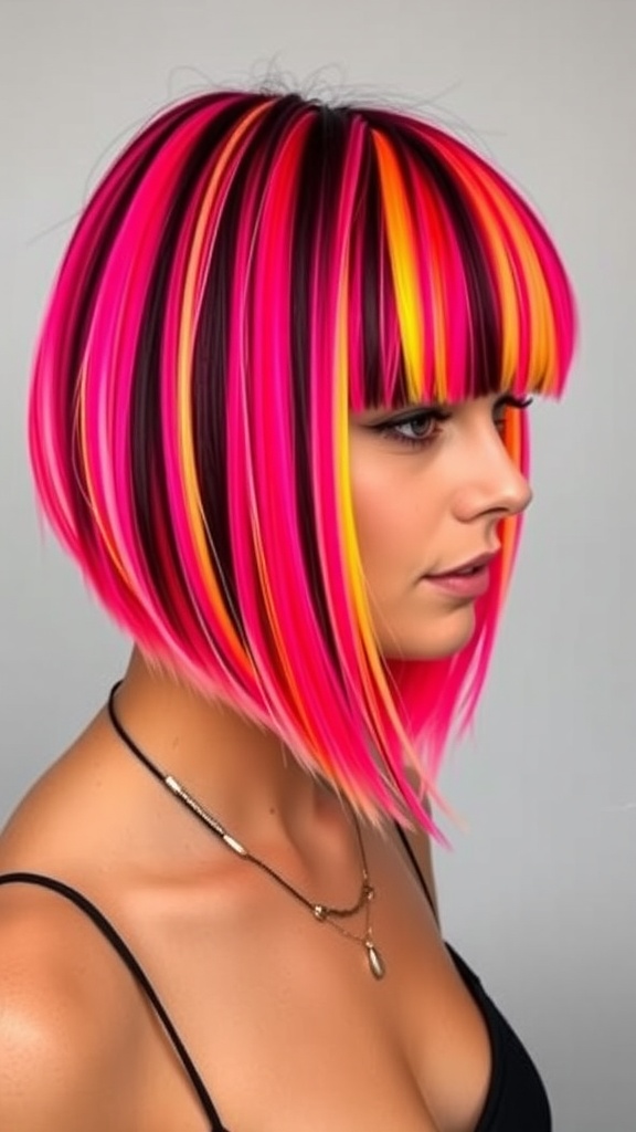 A woman with a funky long bob hairstyle featuring neon pink and yellow highlights against a black base.