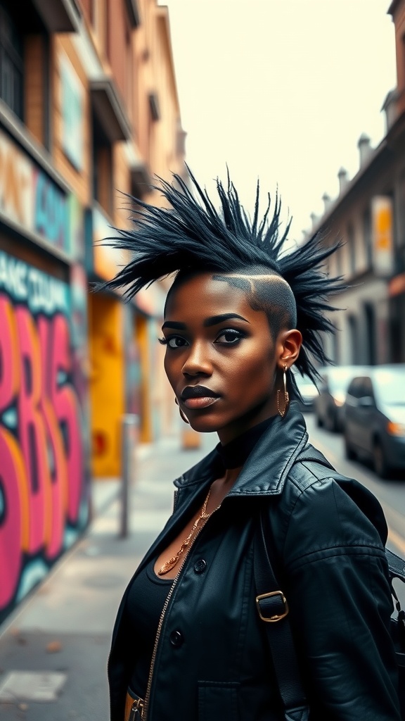 A woman with a striking mohawk hairstyle standing in a colorful urban environment