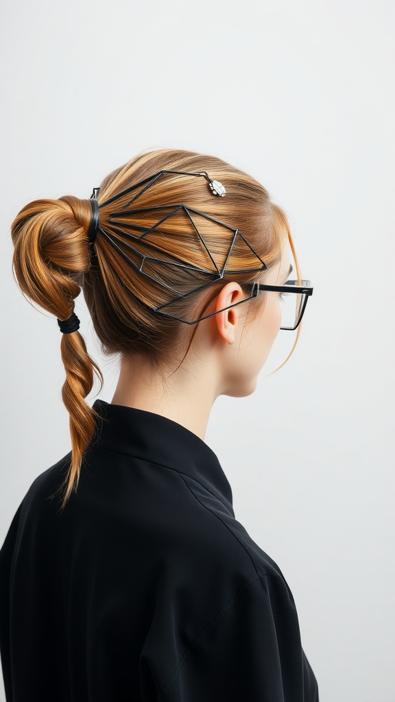 A woman with a geometric ponytail hairstyle featuring a unique black hair accessory.