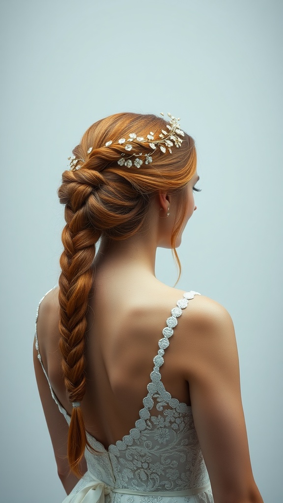 A ginger braided halo hairstyle featuring a thick braid wrapped around the head with decorative leaves.