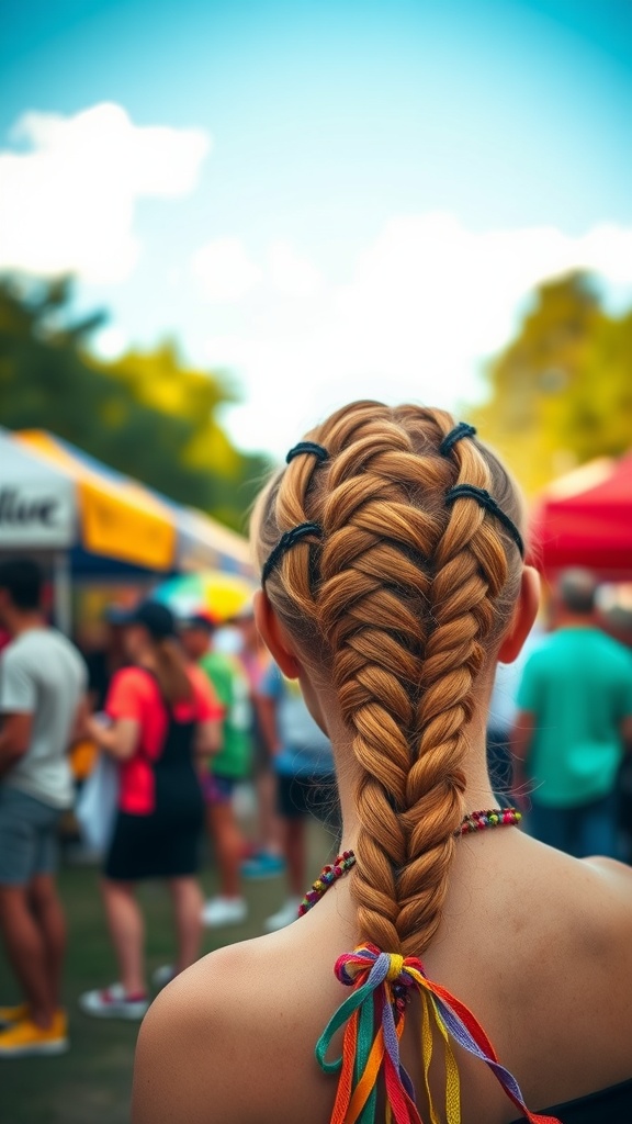 A ginger braided ponytail adorned with colorful ribbons, viewed from the back in a lively outdoor setting.