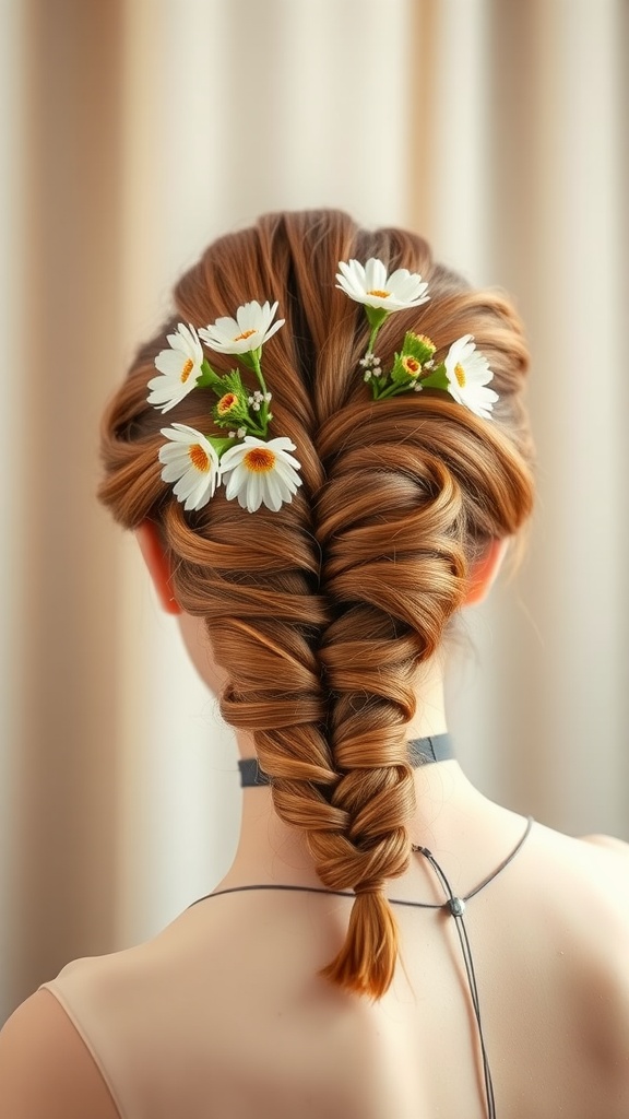 A ginger braided updo decorated with small white flowers.