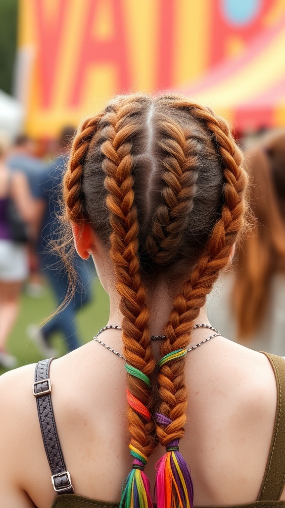 A person with ginger braided hair featuring colorful hair extensions, seen from the back