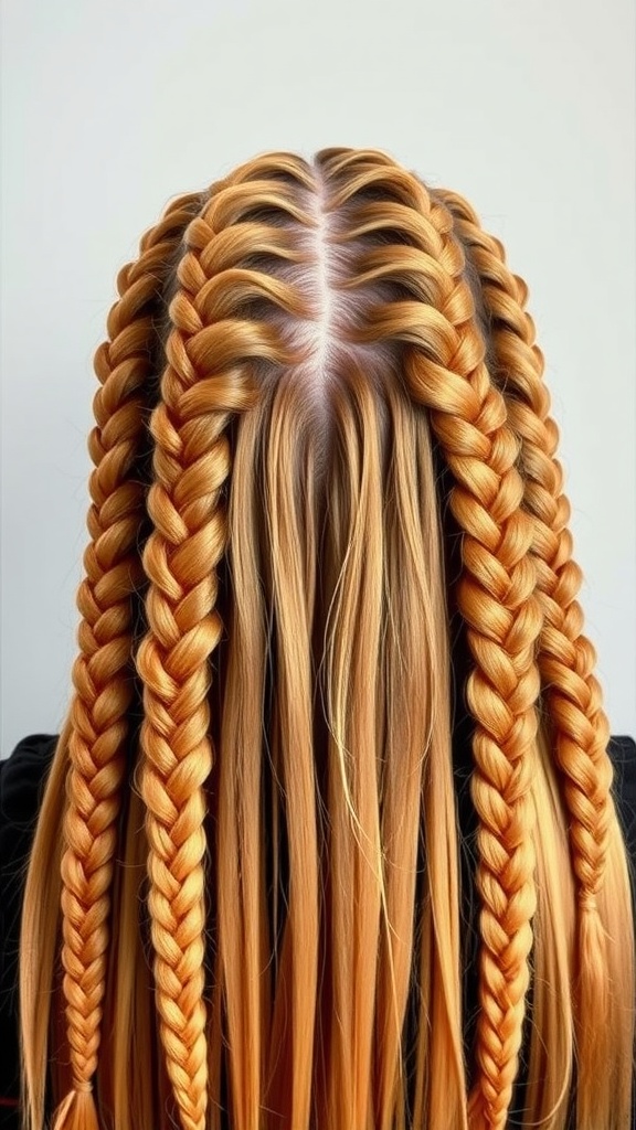 Ginger braided hairstyle with multiple braids and ombre effects.
