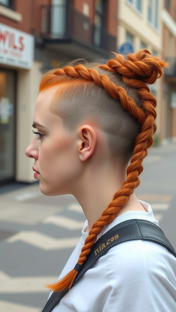 Profile view of a person with ginger cornrow braids and an undercut hairstyle.