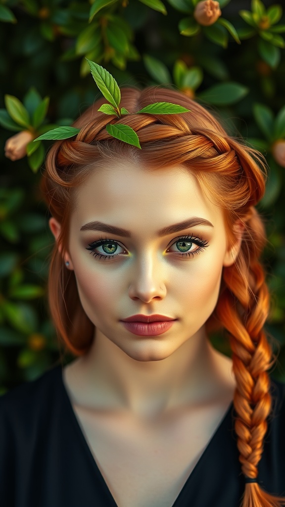 A model with ginger hair styled in a twisted crown braid adorned with green leaves.