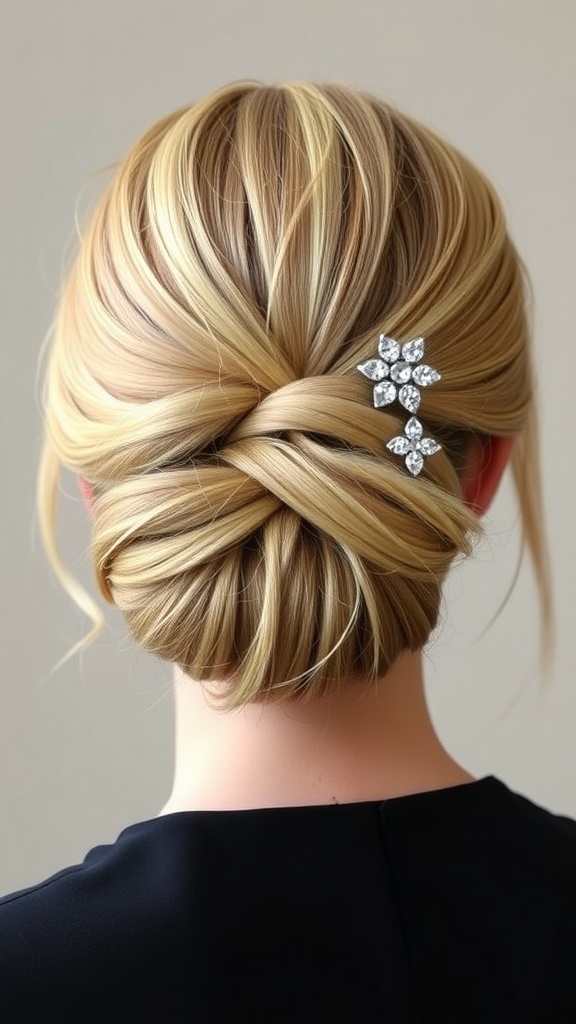 A glamorous chignon hairstyle featuring sparkling clips, suitable for formal events.