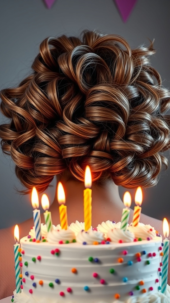A close-up of glamorous curls with highlights, showcasing a birthday cake with candles in the foreground.