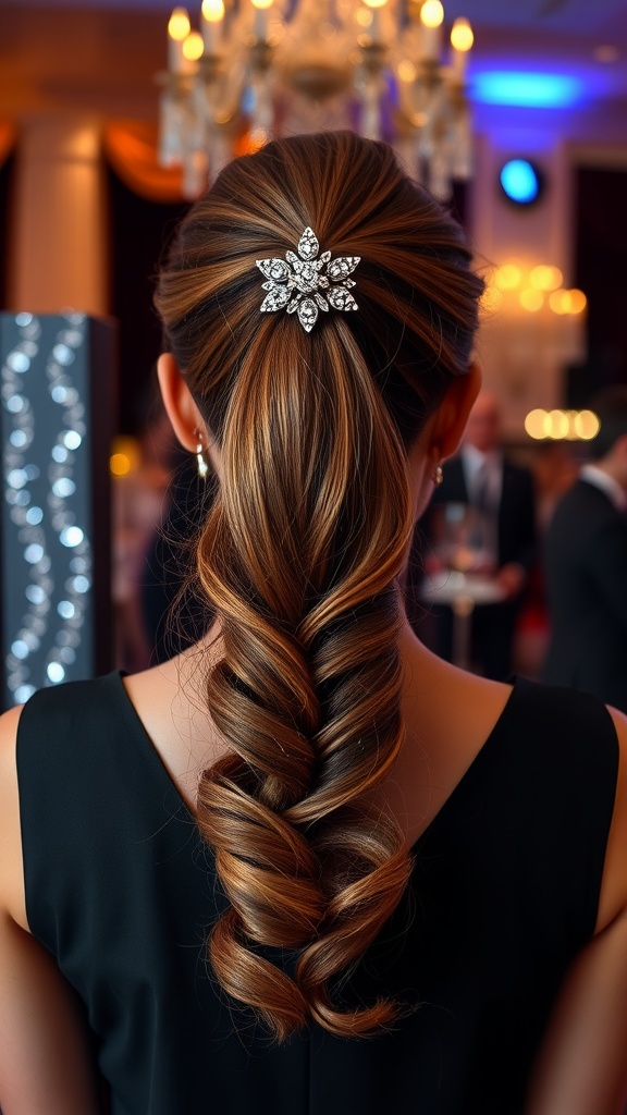 A back view of a woman with a glamorous frontal ponytail hairstyle, featuring a decorative hair accessory.