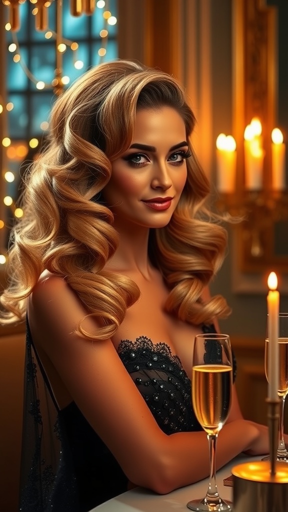 A woman with glamorous Hollywood waves hairstyle, wearing a black dress, sitting at a table with candles and a glass of champagne.