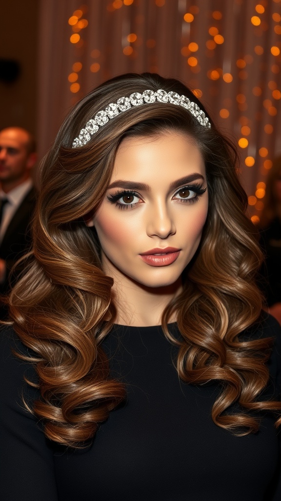 A woman with glamorous Hollywood waves and a sparkling headband, showcasing a stunning hairstyle.