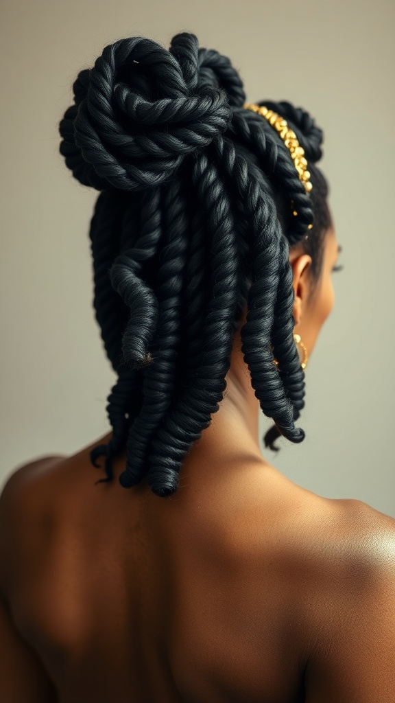 A woman with elegantly styled locs pulled up, adorned with gold accessories.