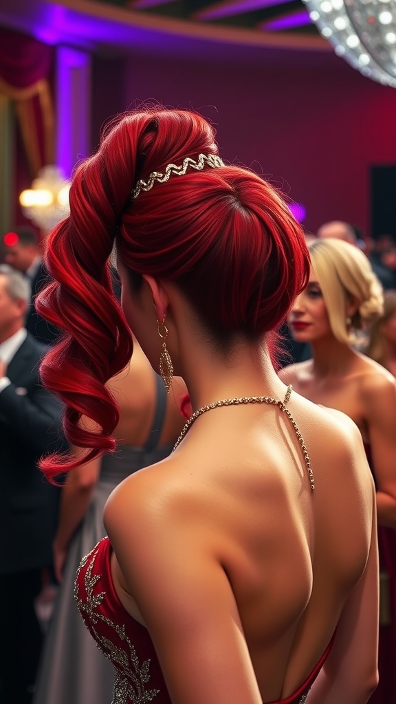 A glamorous red ponytail hairstyle with gold accessories, showcasing a stylish and elegant look.