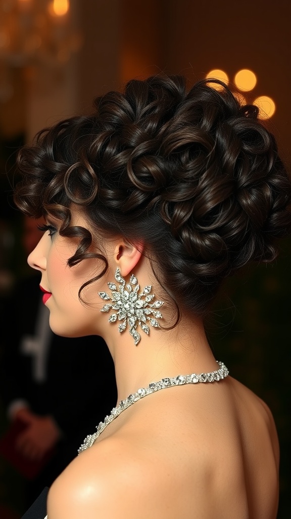 A glamorous short curly updo hairstyle featuring tightly arranged curls, adorned with elegant earrings and a necklace.