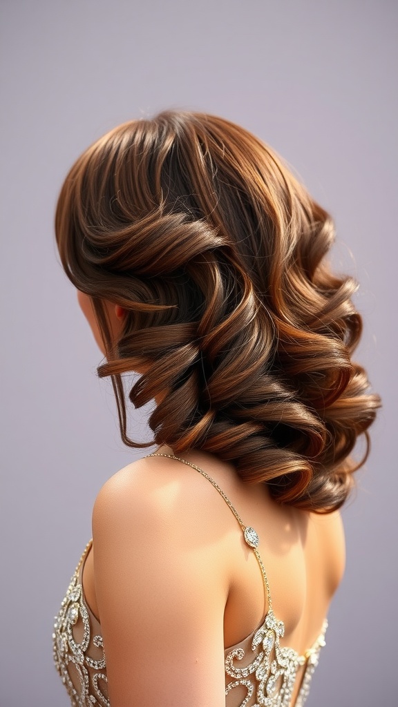 A close-up view of elegantly styled side swept curls.