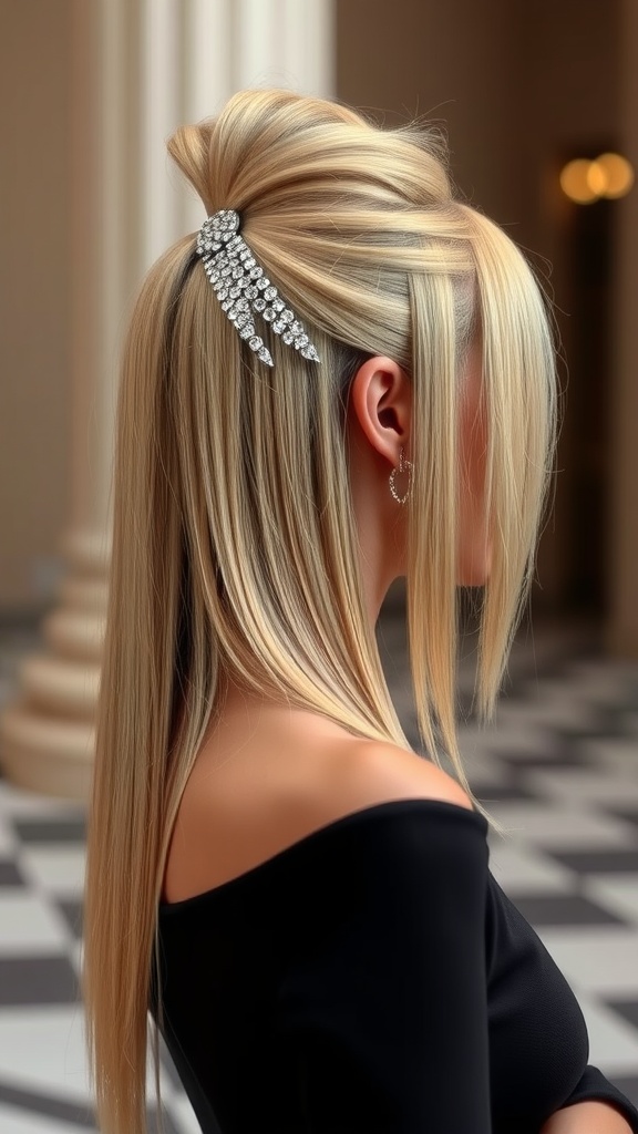 A woman with glamorous straight mullet hairstyle, featuring sleek straight hair with a decorative hair clip, showcasing a modern and stylish look.