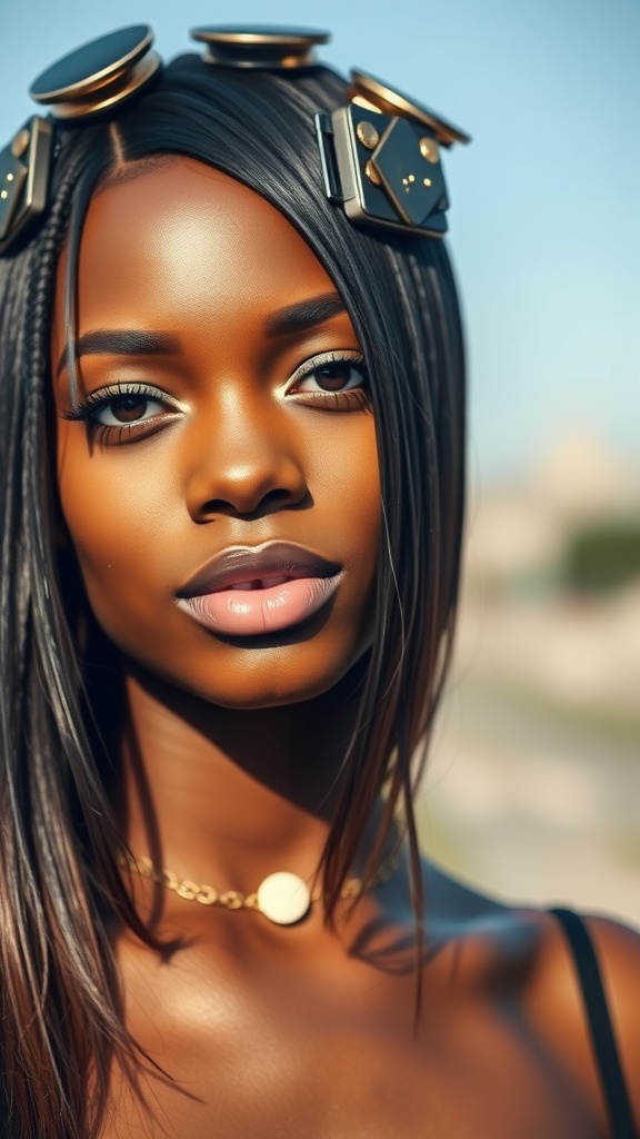 A model with glossy straight hair and stylish accessories, showcasing a chic hairstyle for black women.