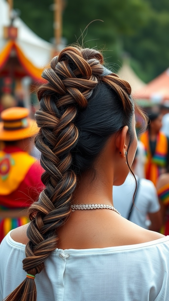 A woman with a beautiful Goddess Braid Ponytail, showcasing a thick braid with multiple shades, in a casual outfit.