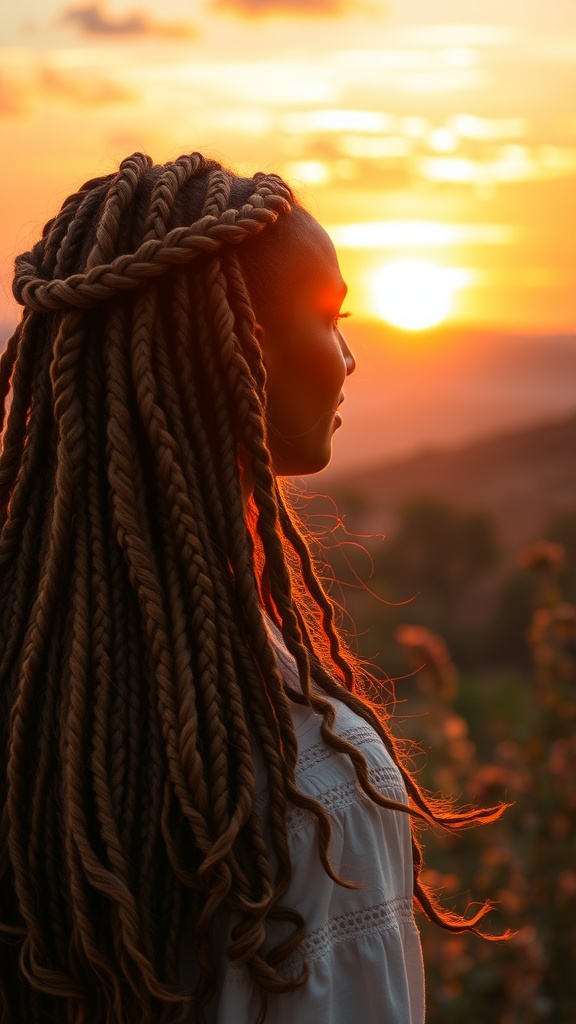 A side profile of a woman with goddess braids and curls, illuminated by a sunset backdrop.