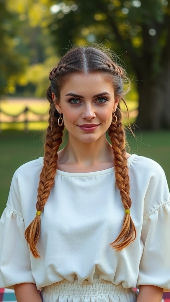 A woman with two braids styled in a half-up hairstyle, wearing a white top, smiling at the camera against a natural outdoor background.