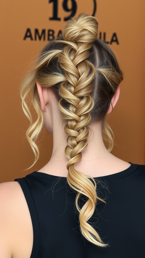 A woman with a half-up braided bun hairstyle, featuring a braid and loose waves.