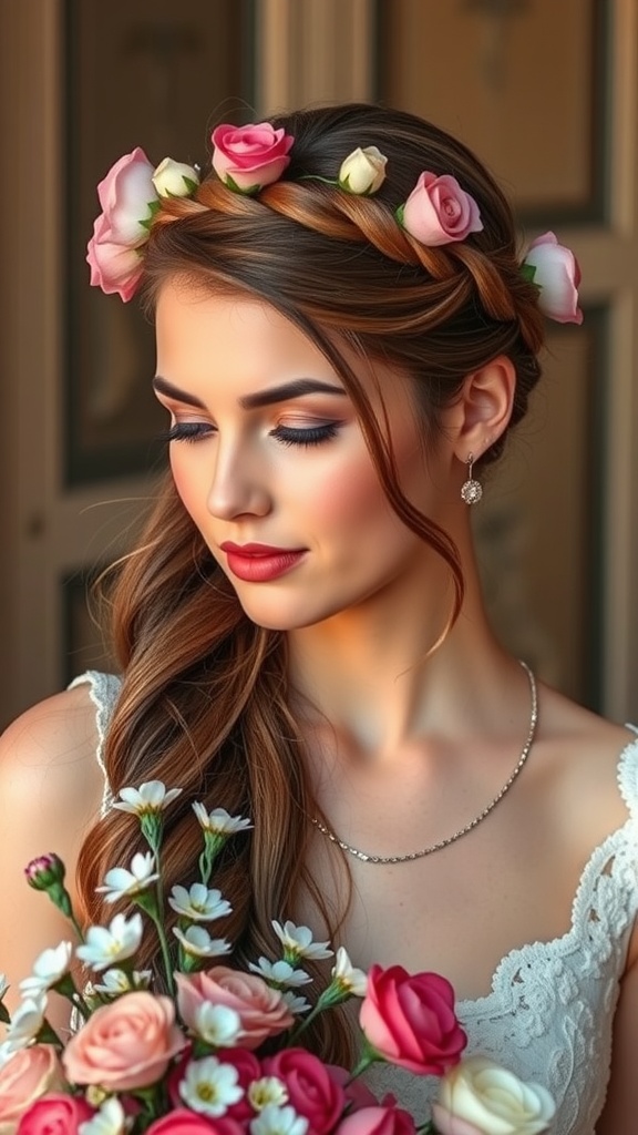 A woman with medium length hair styled in a half-up braided crown adorned with flowers.