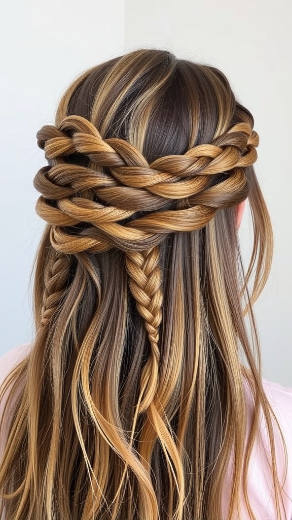 A woman with half-up braided crown hairstyle featuring intricate braids and flowing hair.
