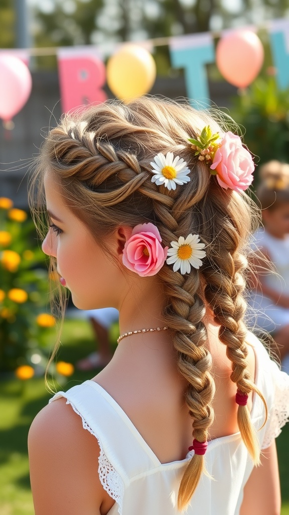 A girl with a half-up braided hairstyle adorned with flowers, celebrating a birthday.