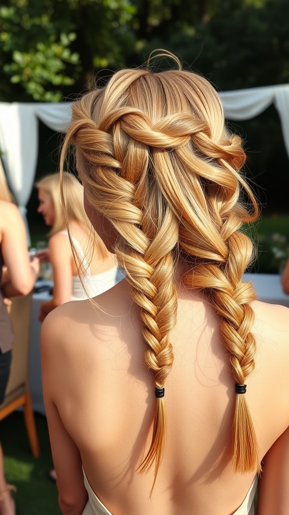 A woman with a half-up braided hairstyle showcasing two braids with cascading hair.