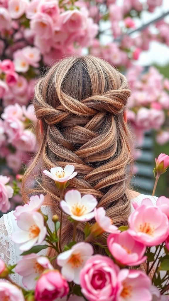 A woman with a half-up crown braid hairstyle surrounded by pink flowers.