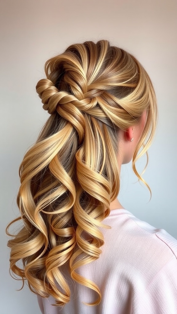 A woman with half-up curly braid hairstyle, featuring cascading golden curls and an intricately styled braid.