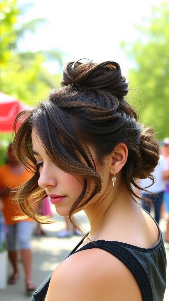A woman with a half-up curly bun hairstyle, showcasing elegant curls and loose strands framing her face.