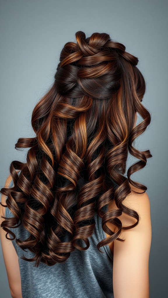 A half-up curly hairstyle with defined curls and warm tones