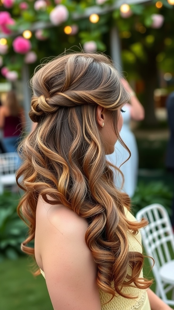 A beautiful half-up curly hairstyle featuring soft curls and a twisted section at the back.