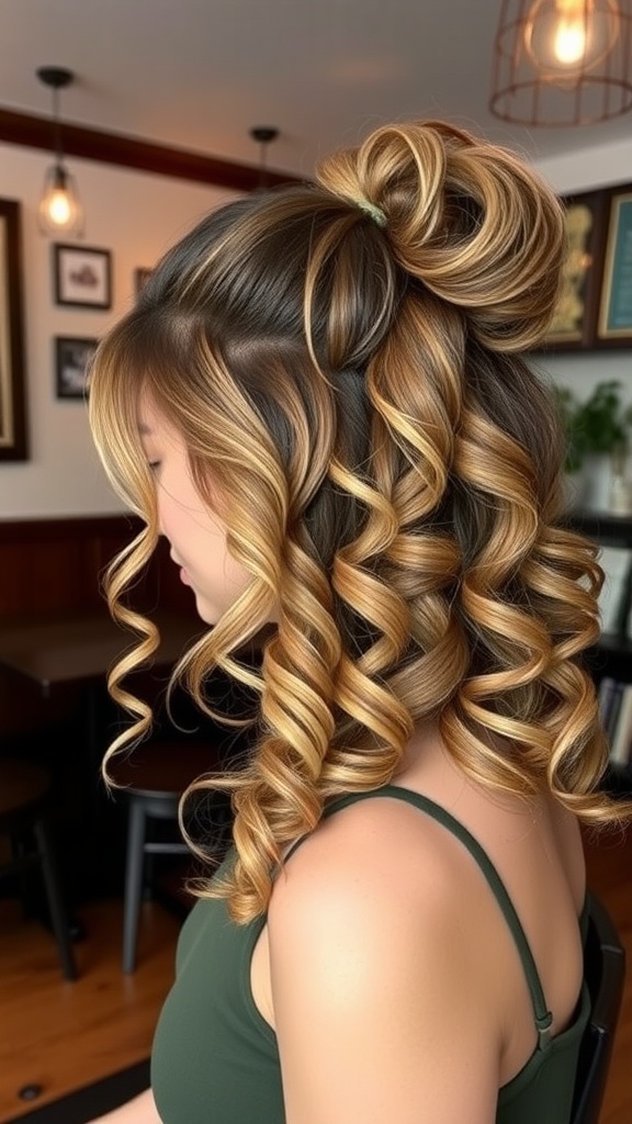 A woman with a half-up curly ponytail showcasing beautiful golden highlights and bouncy curls.