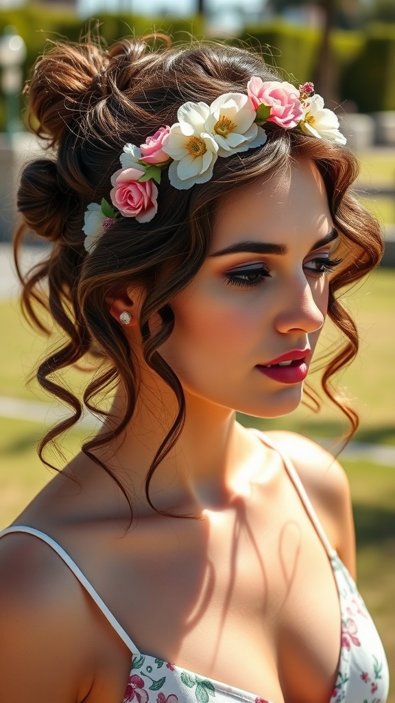 A woman with a half-up curly hairstyle adorned with a floral crown, showcasing defined curls and a stylish updo.