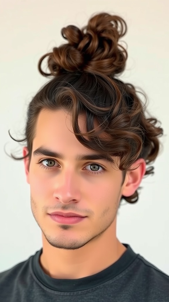 A man with curly hair styled in a half-up look, showcasing a casual vibe.