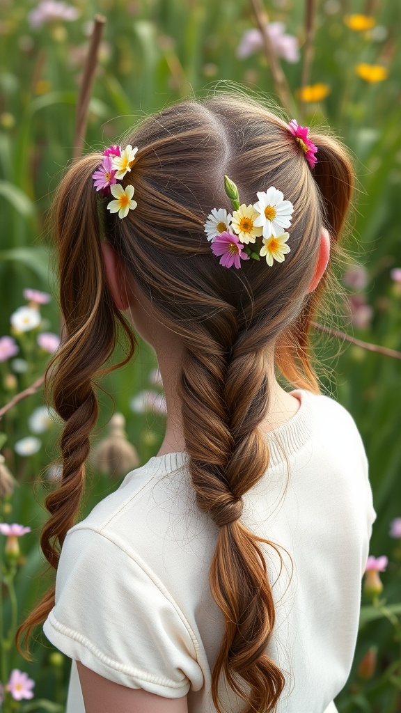 A child with hair styled in half-up double ponytails adorned with colorful flowers, standing in a field of flowers.
