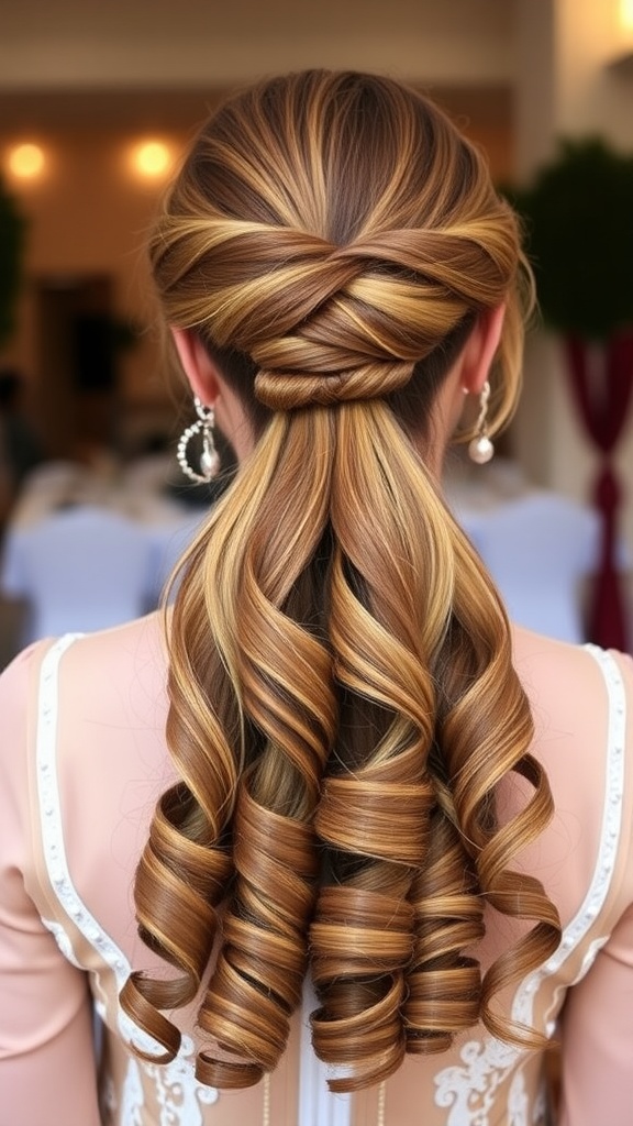 A half-up frontal ponytail hairstyle featuring curly ends and a stylish design.