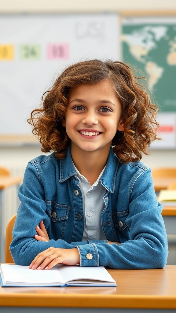 A smiling girl with curly hair styled in a half-up half-down hairstyle, sitting at a desk in a classroom.