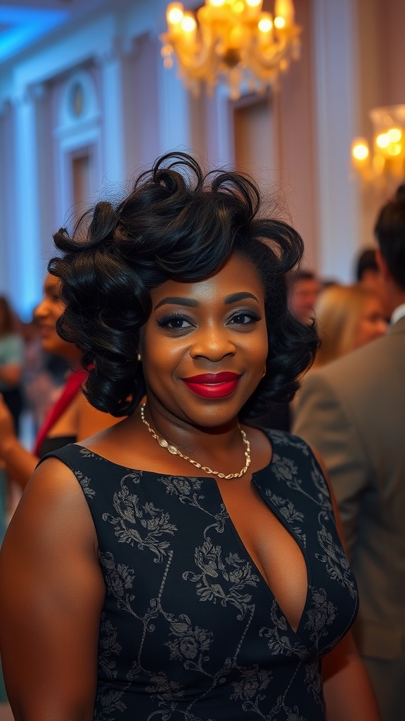 A woman with curly hair styled in a half-up half-down look, wearing a black dress and red lipstick.