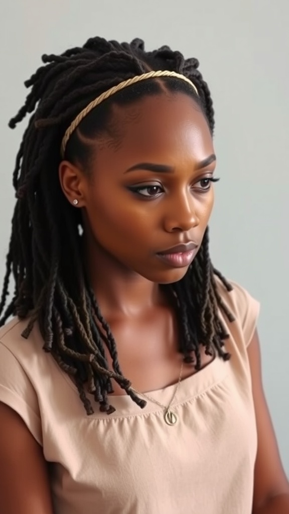 A woman with half-up, half-down locs, wearing a headband and a neutral top.