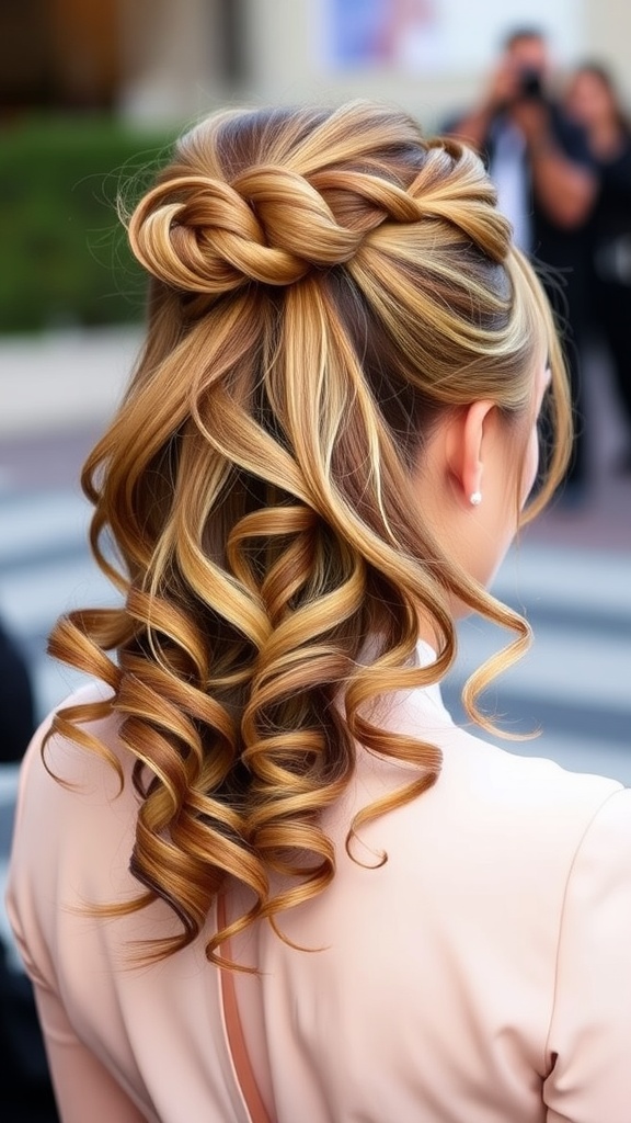 A stylish half-up half-down ponytail hairstyle featuring a top knot and loose curls.