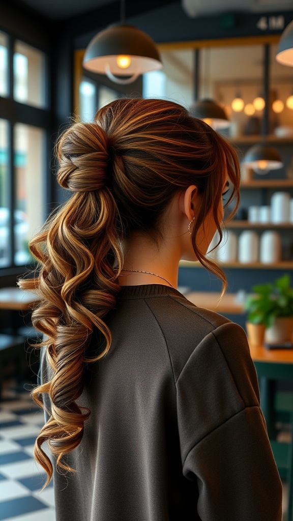 A stylish half-up half-down ponytail hairstyle with curls, showcasing a combination of elegance and casual style.